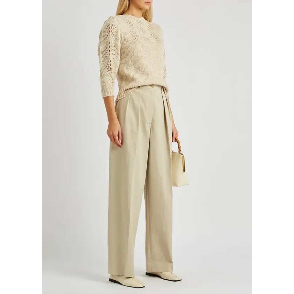Merlette Ivory Pointelle Scalloped Chevron Knit Sweater Puff Sleeve Cream Boho - Picture 8 of 11